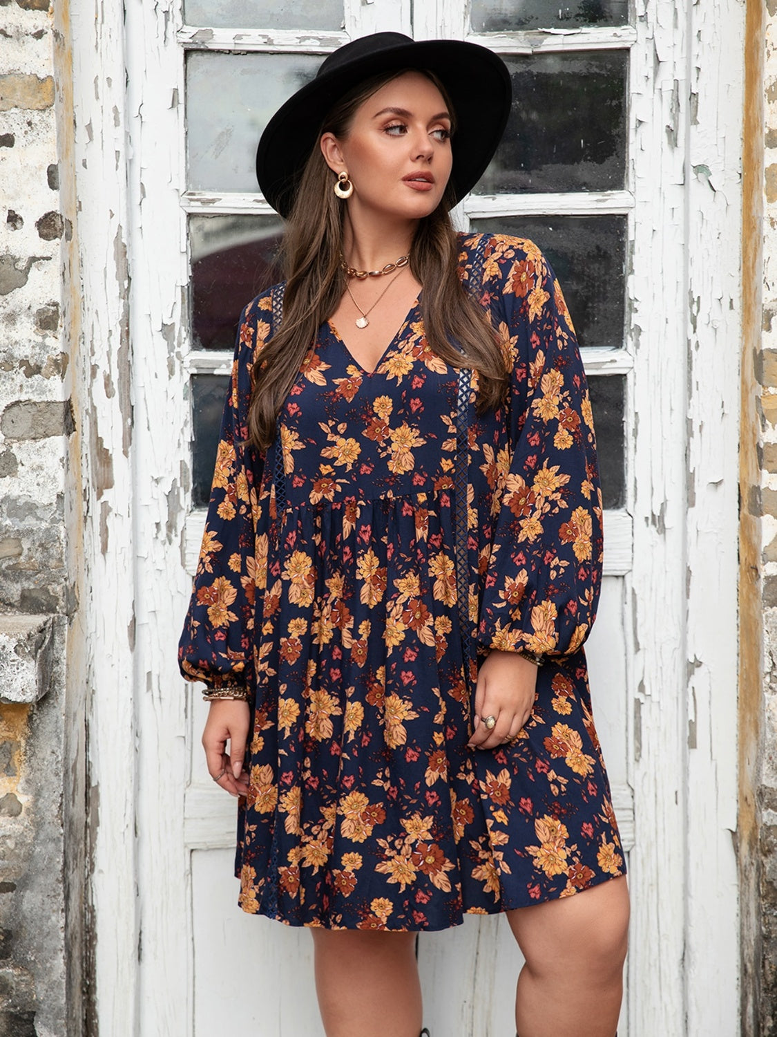 Plus Size Floral V-Neck Balloon Sleeve Summer Dress