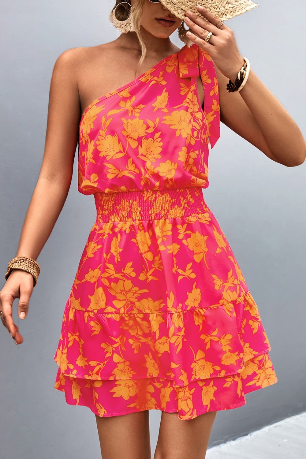 Tropical Tied Single Shoulder Short Resort Dress