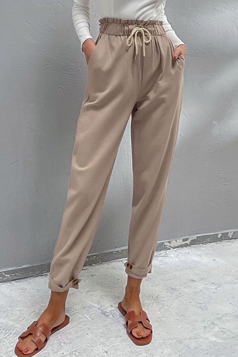 Khaki Drawstring Classic Resort Pants