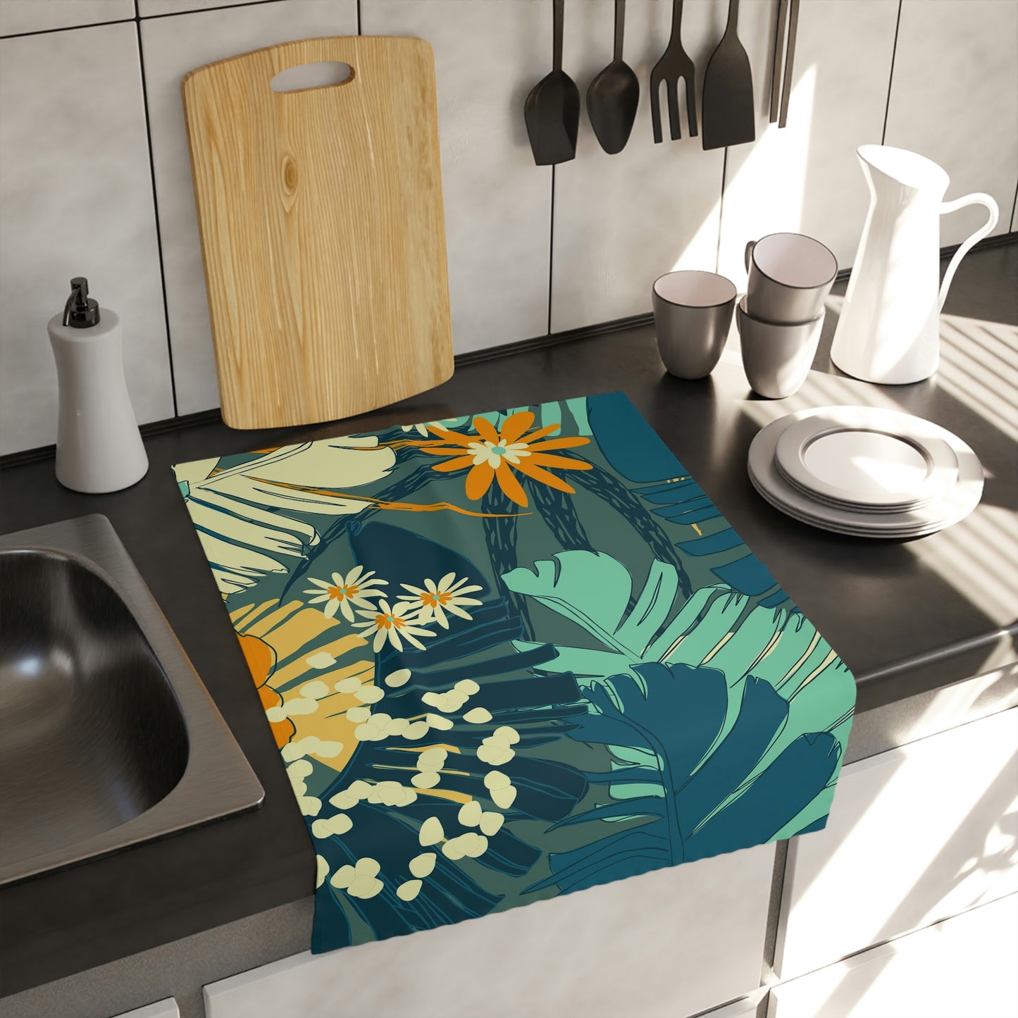 Jungle Blues Collection Tea & Kitchen Towel, Tropical Jungle Leaf Print Designer Kitchen Towels.