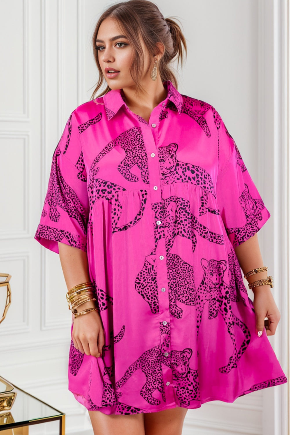 Plus Size Tiger Printed Button Up Vacation Mini Dress