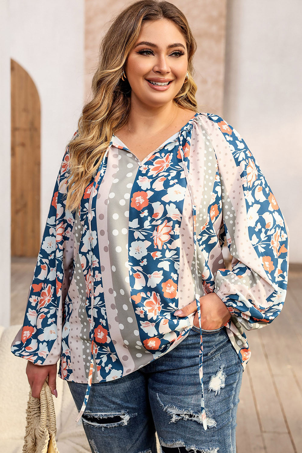 Plus Size Floral Tie Neck Boho Summer Blouse