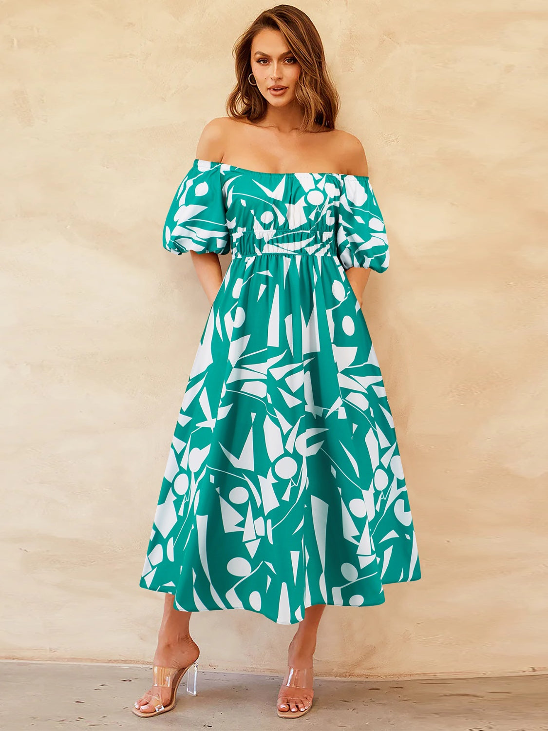 Tropical Off-Shoulder Balloon Sleeve Dress