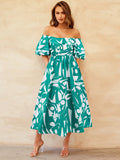 Tropical Off-Shoulder Balloon Sleeve Dress