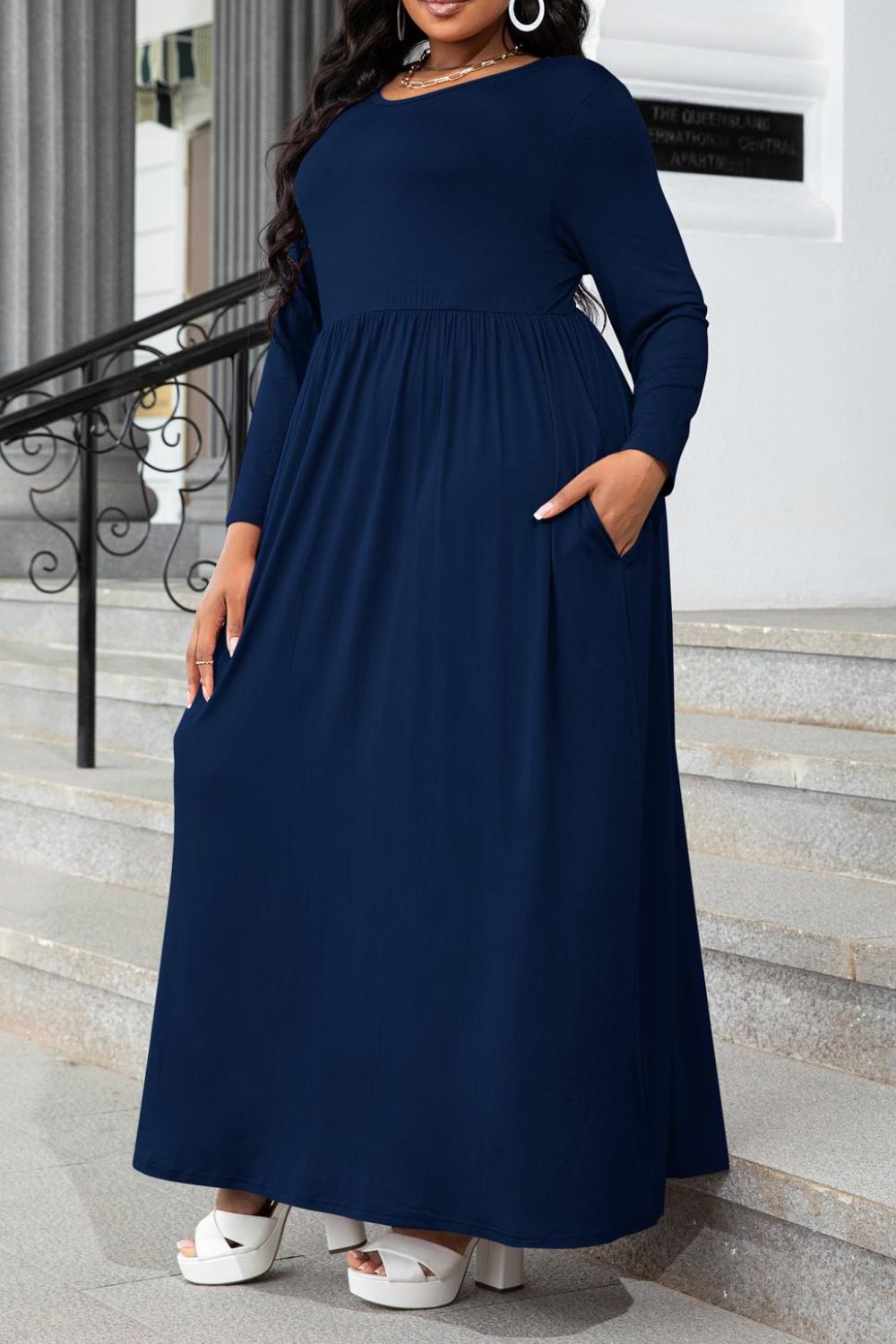 Plus Size Navy Long Sleeve Maxi Dress with Pockets up to 4XL
