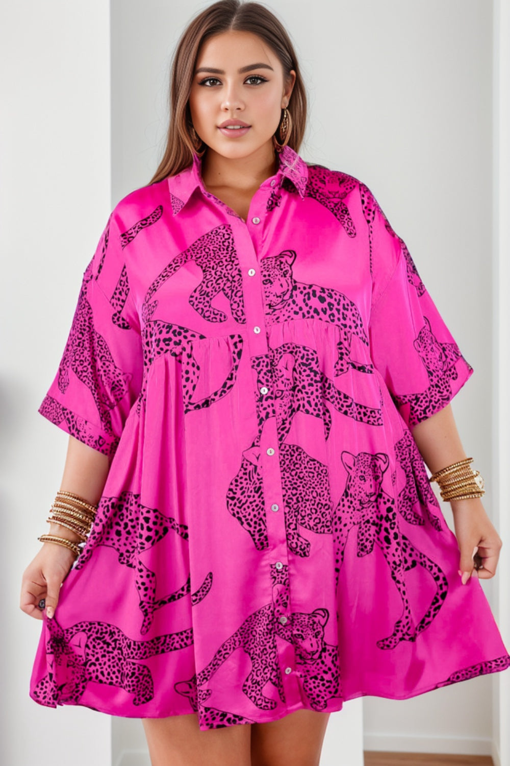 Plus Size Tiger Printed Button Up Vacation Mini Dress