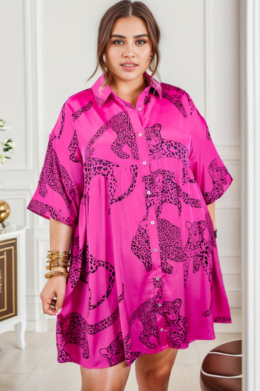 Plus Size Tiger Printed Button Up Vacation Mini Dress