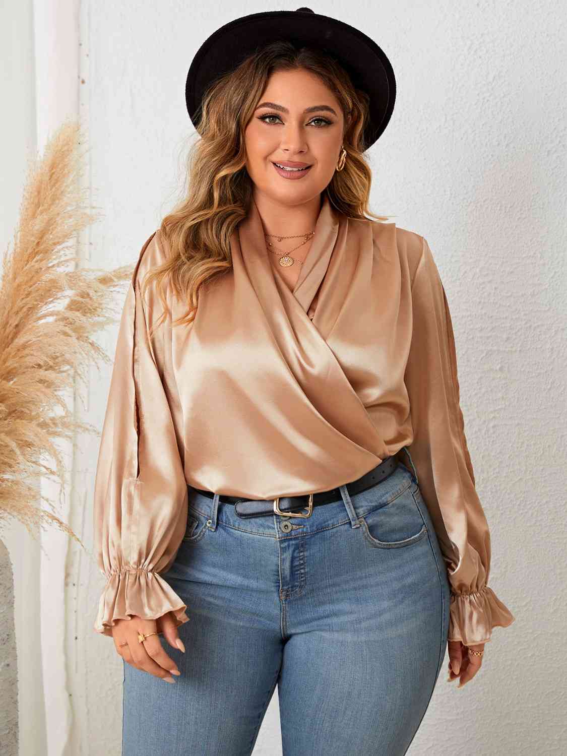 Plus Size Flounce Sleeve Gold Resort Blouse