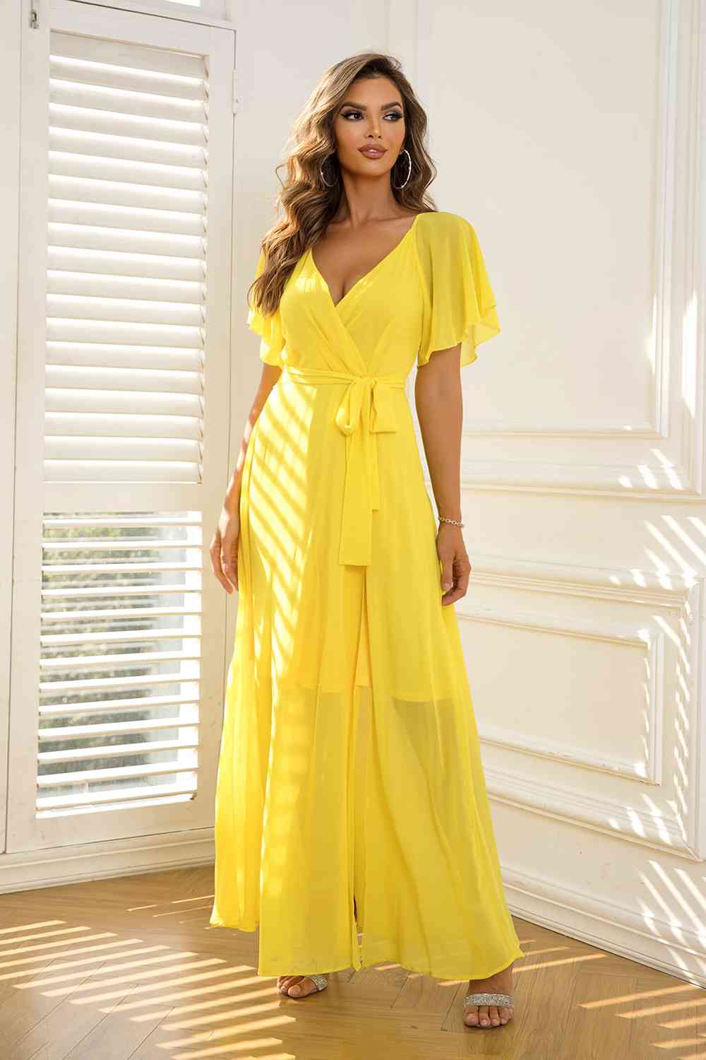 Lemon Yellow Flutter Sleeve Maxi Dress