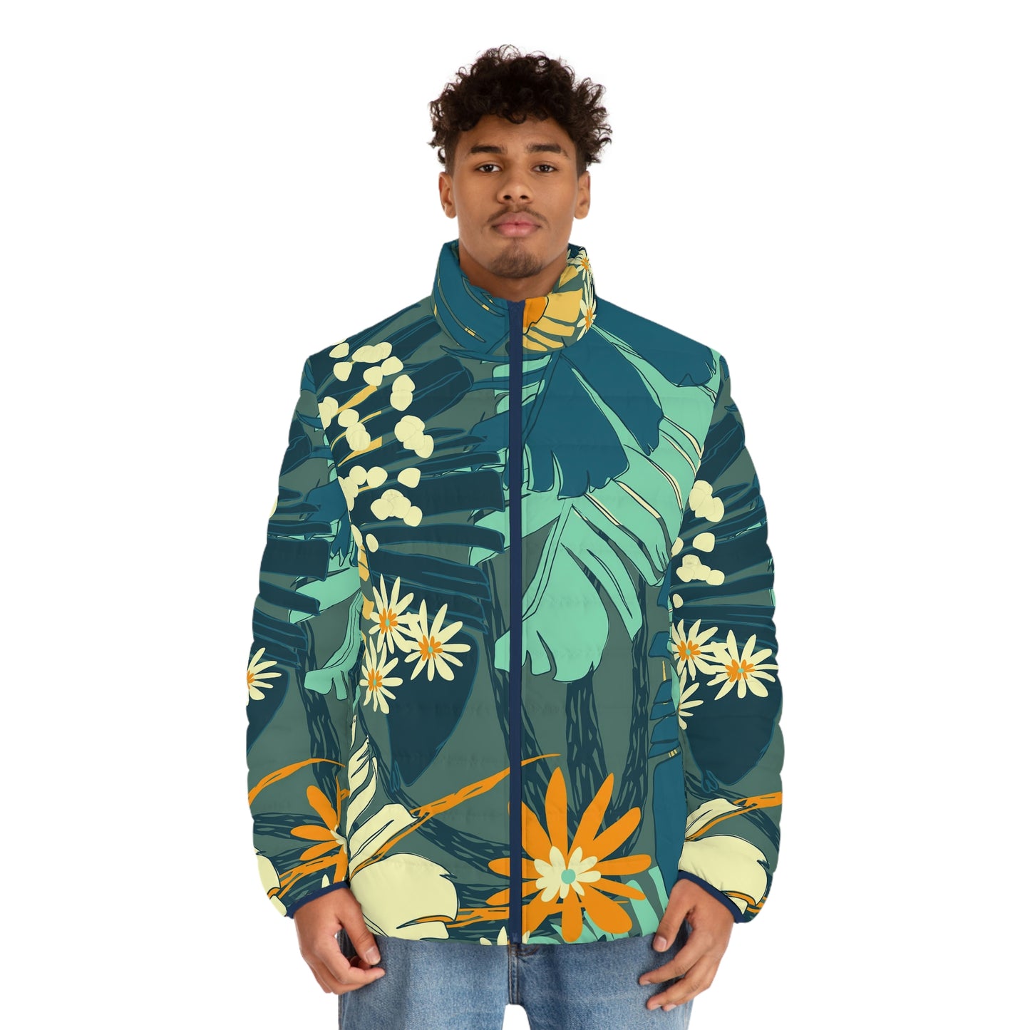 Unisex Jungle Blues, Tropical Print Puffer Jacket up to 2XL