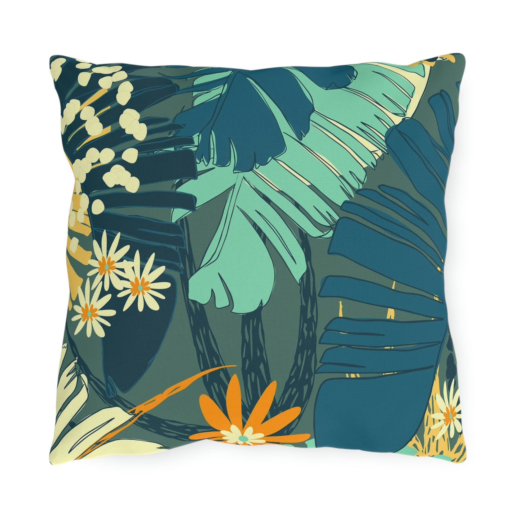 Jungle Blues Collection, Tropical Jungle Leaf Print Outdoor Pillows