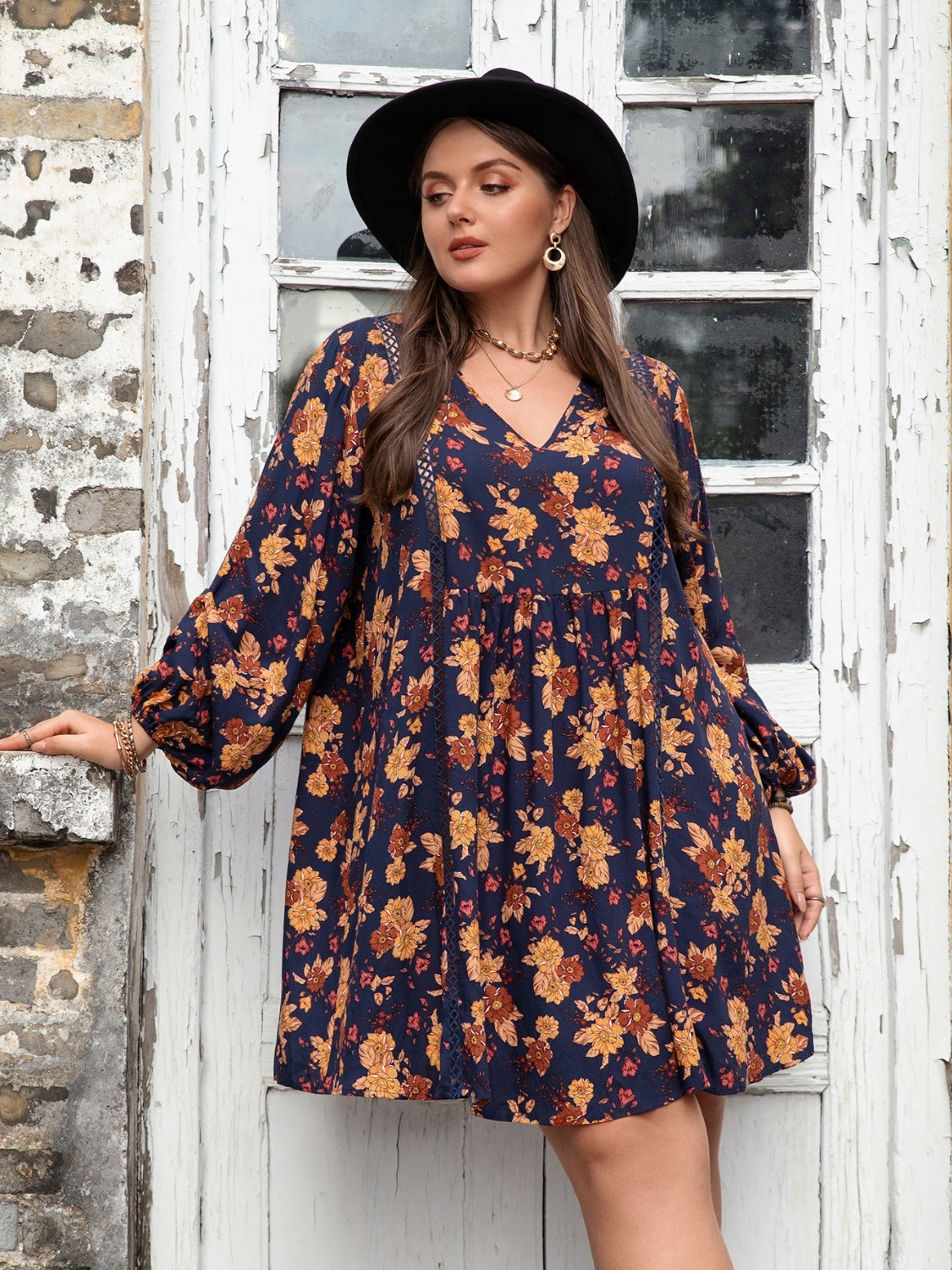 Plus Size Floral V-Neck Balloon Sleeve Summer Dress