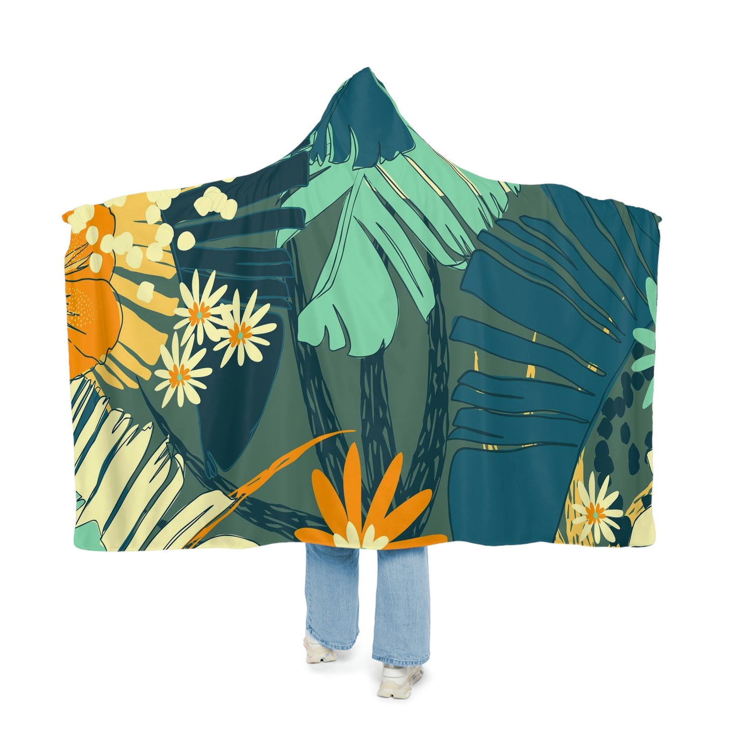 Jungle Blues Collection, Tropical Jungle Leaf Print Hooded Blanket