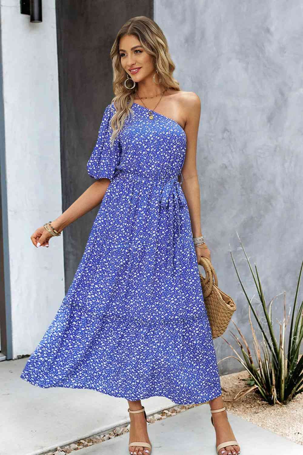 One-Shoulder Tie Belt Resort Maxi Dress