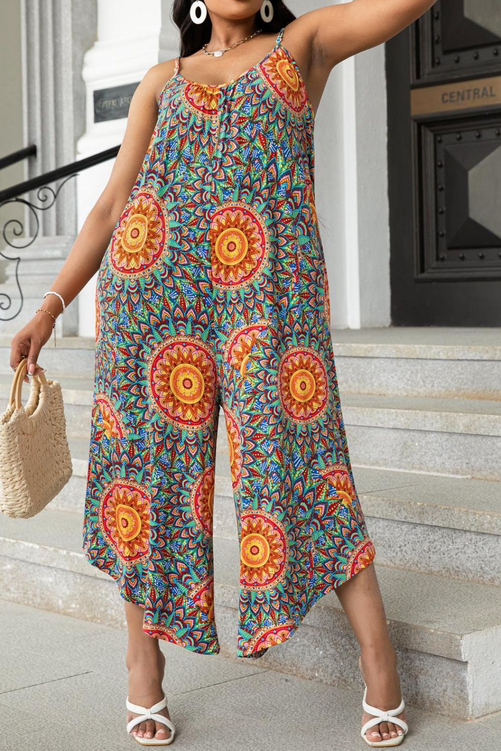 Plus Size Printed Spaghetti Strap Wide Leg Jumpsuit