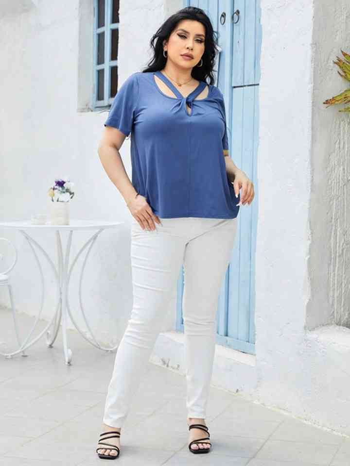 Plus Size Blue Cute Twist Front Summer Top