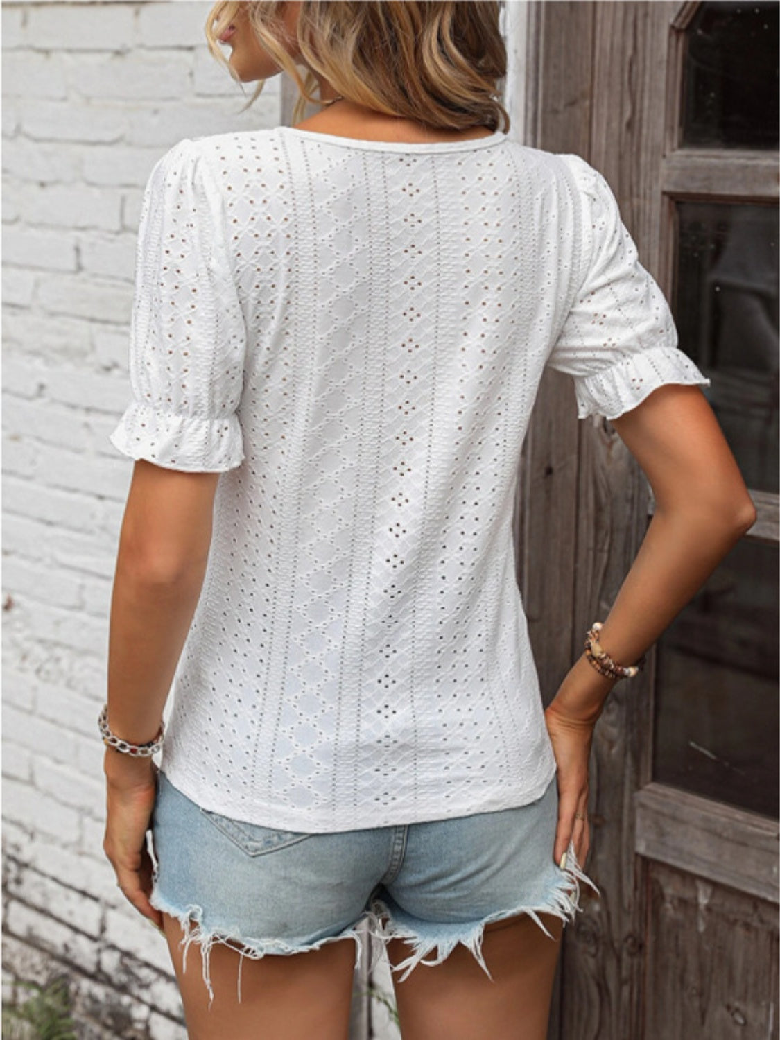 Eyelet Lace Flounce Sleeve Summer Blouse