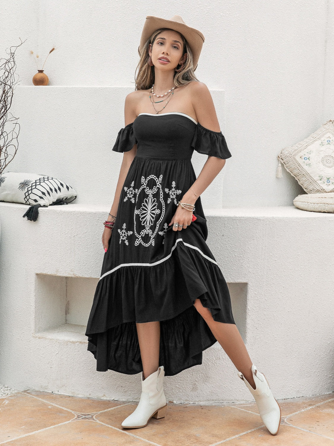 High-Low Off-Shoulder Summer Midi Dress