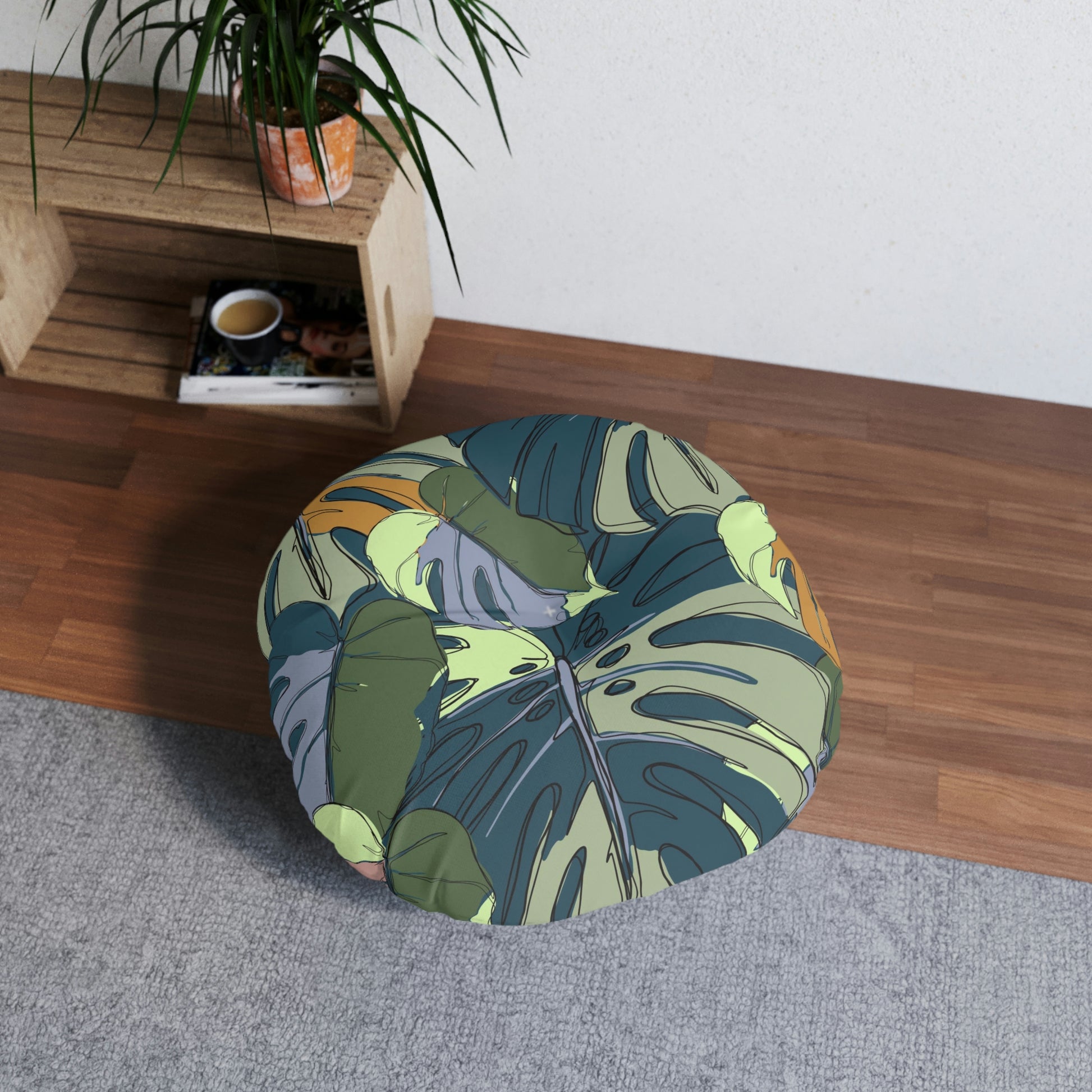 Hawaii Monstera Collection Floor Pillow, Tropical Monstera Leaf Design Round Floor Pillow