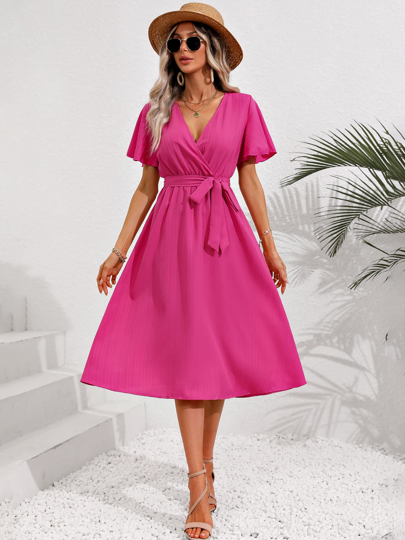 Malibu Pink Tie Belt Midi Resort Dress