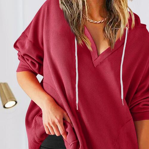 Drawstring V-Neck Long Sleeve Hoodie