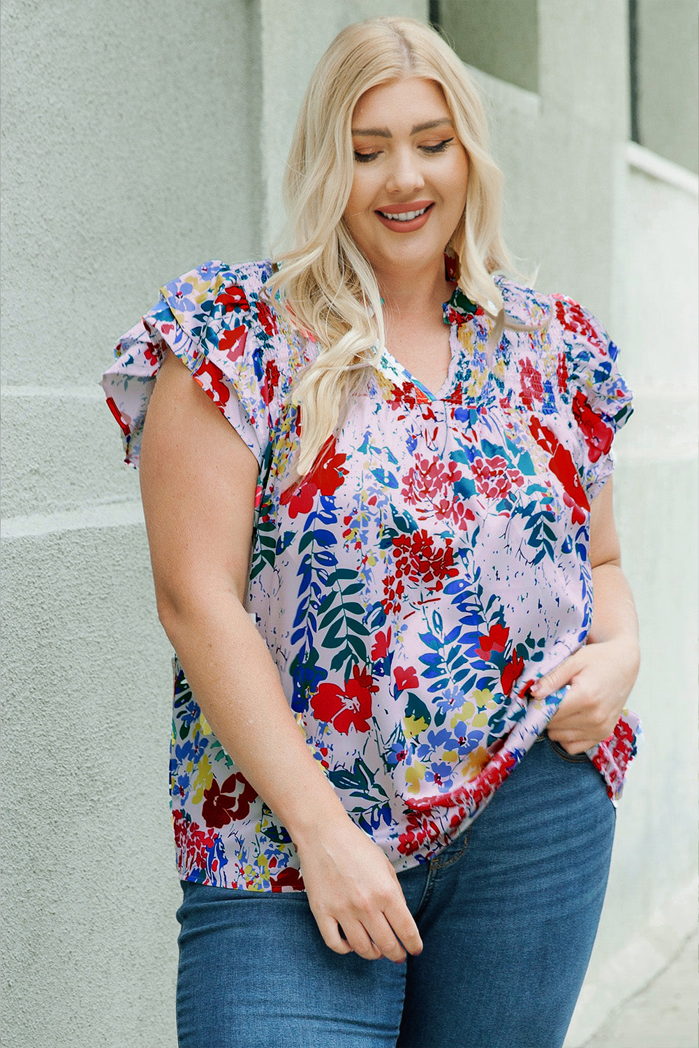 Plus Size Floral Flutter Sleeve Vacation Top