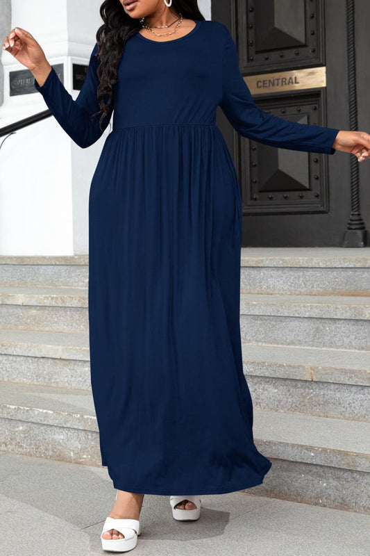 Plus Size Navy Long Sleeve Maxi Dress with Pockets up to 4XL