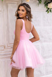 Wide Strap Pink Mesh Party Dress