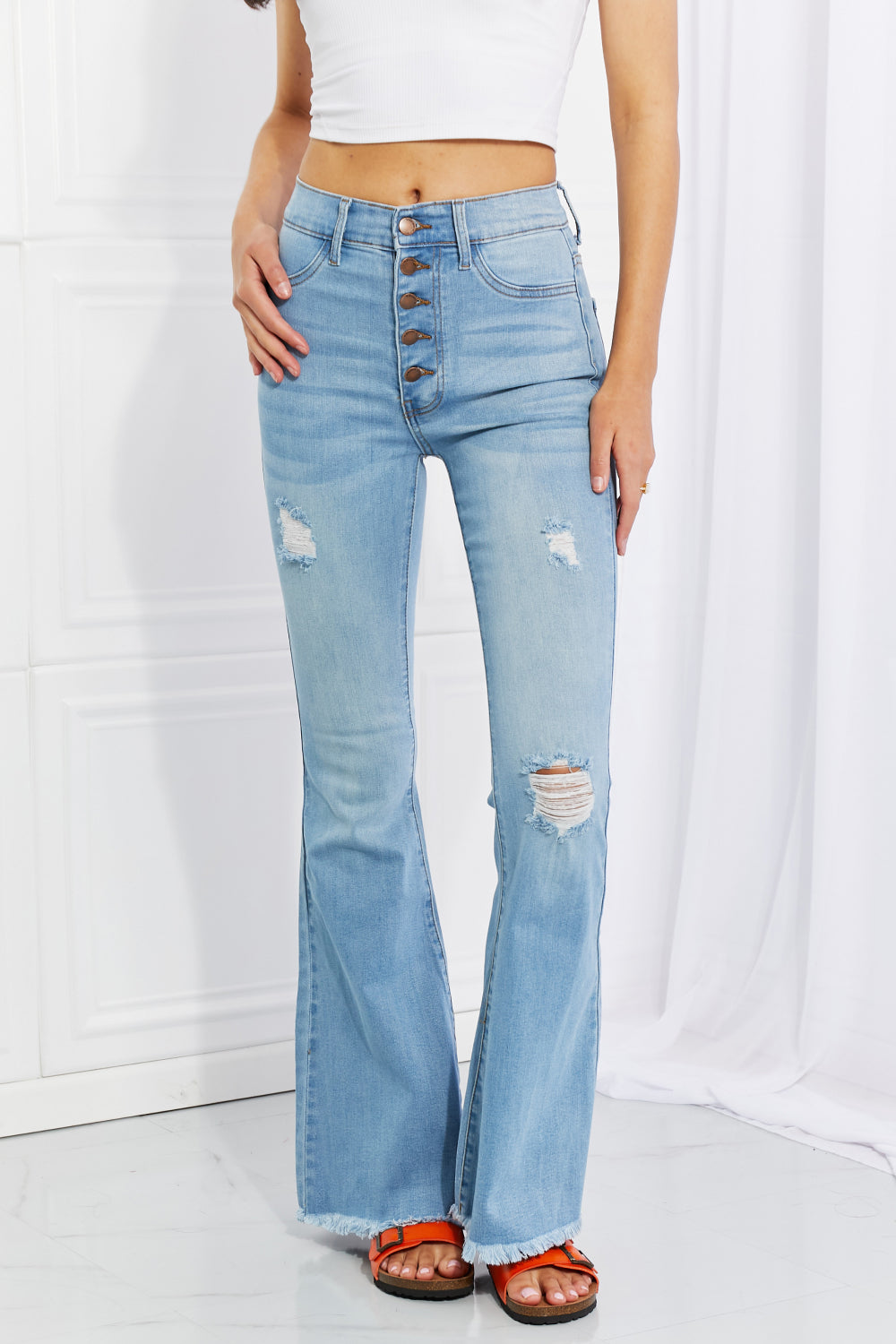 Full Size Jess Button Flare Jeans