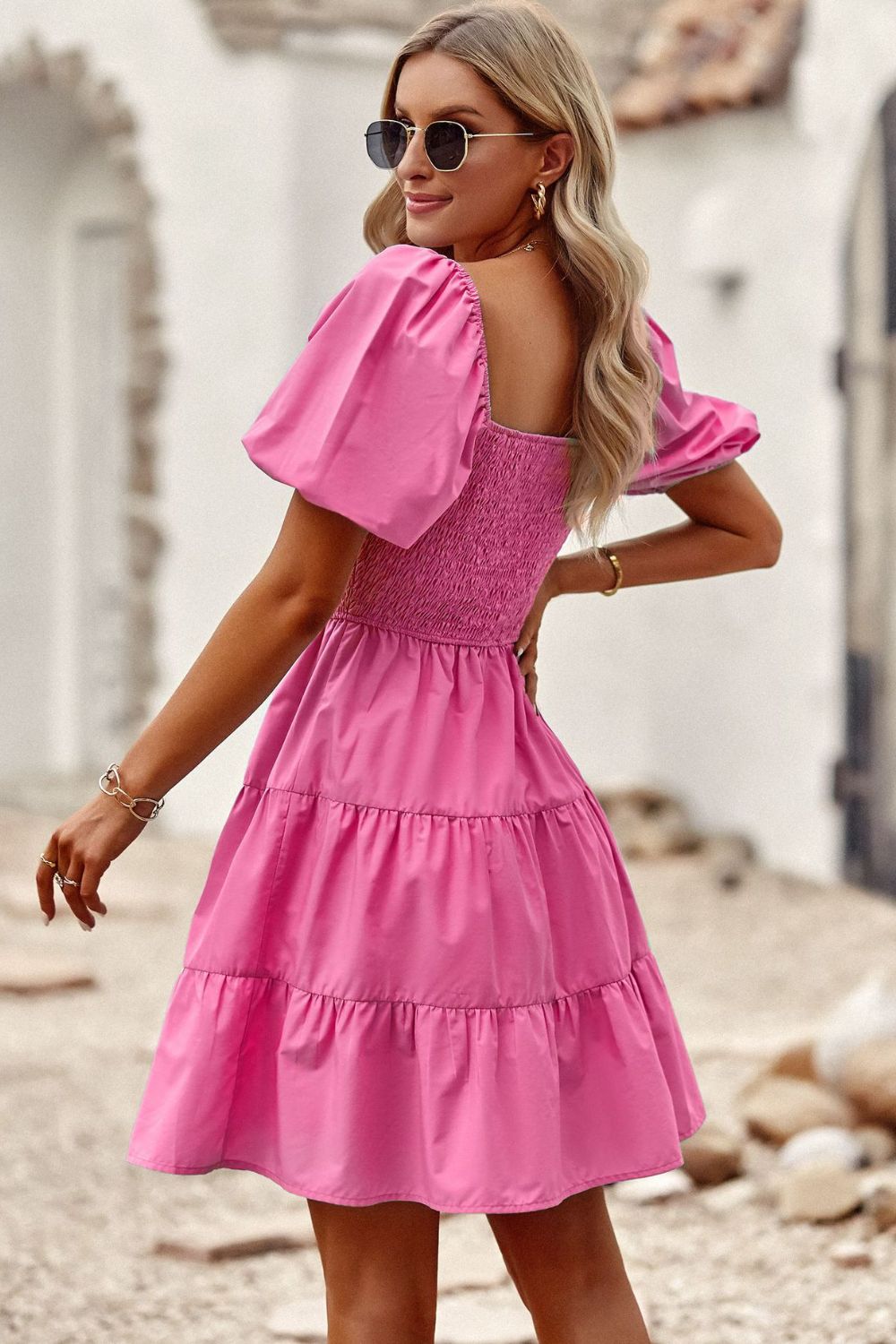 Balloon Sleeve Pink Beach Midi Dress