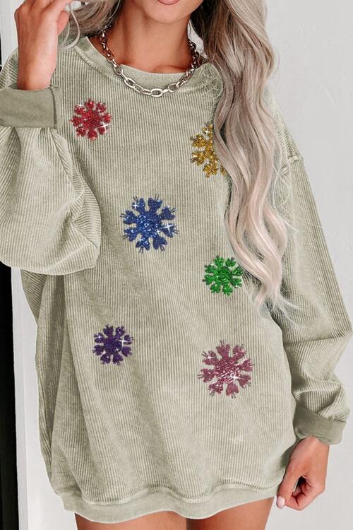Christmas Sequin Snowflake Round Neck Sweatshirt