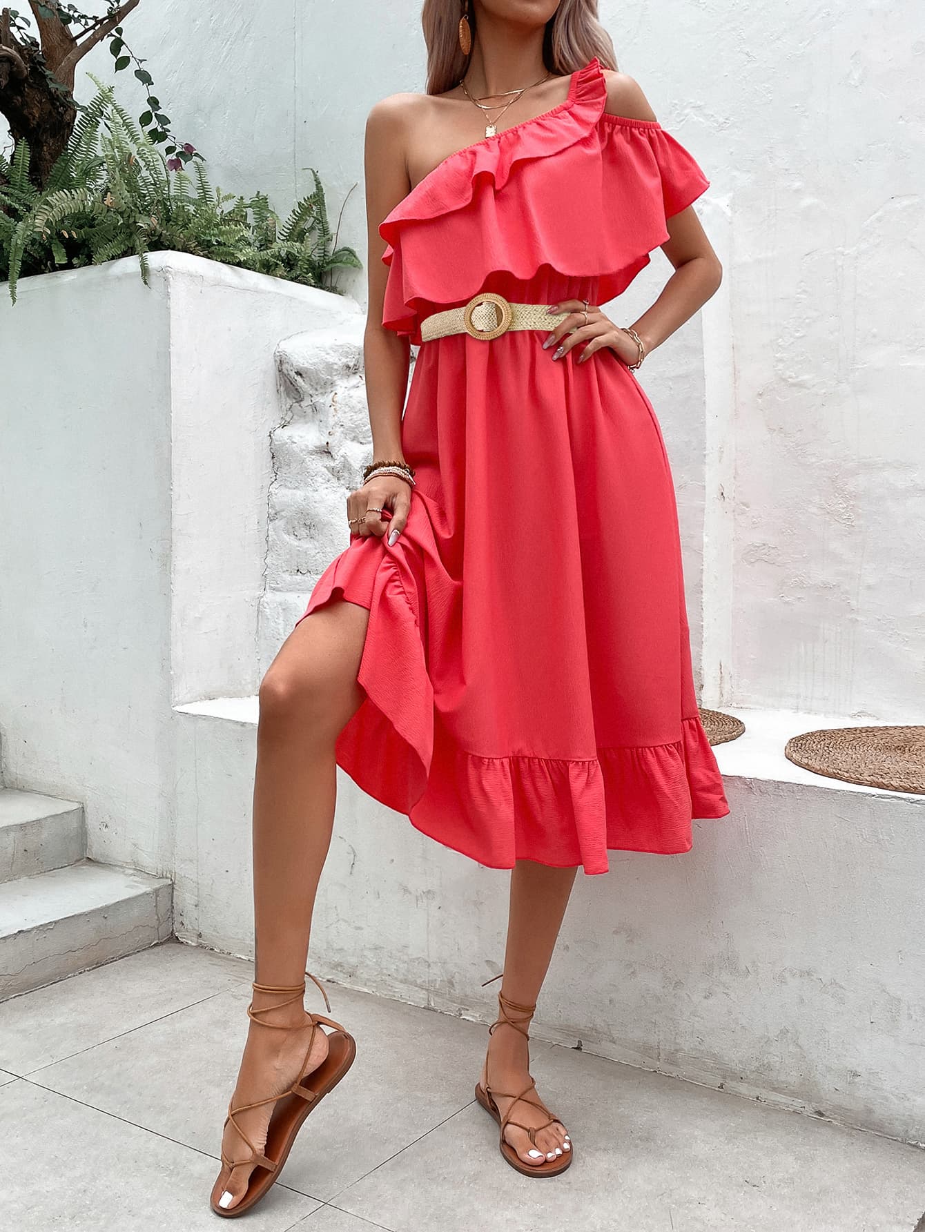 One-Shoulder Ruffle Vacation Dress