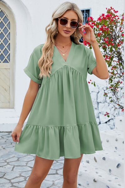 V-Neck Short Sleeve Mini Beach Dress