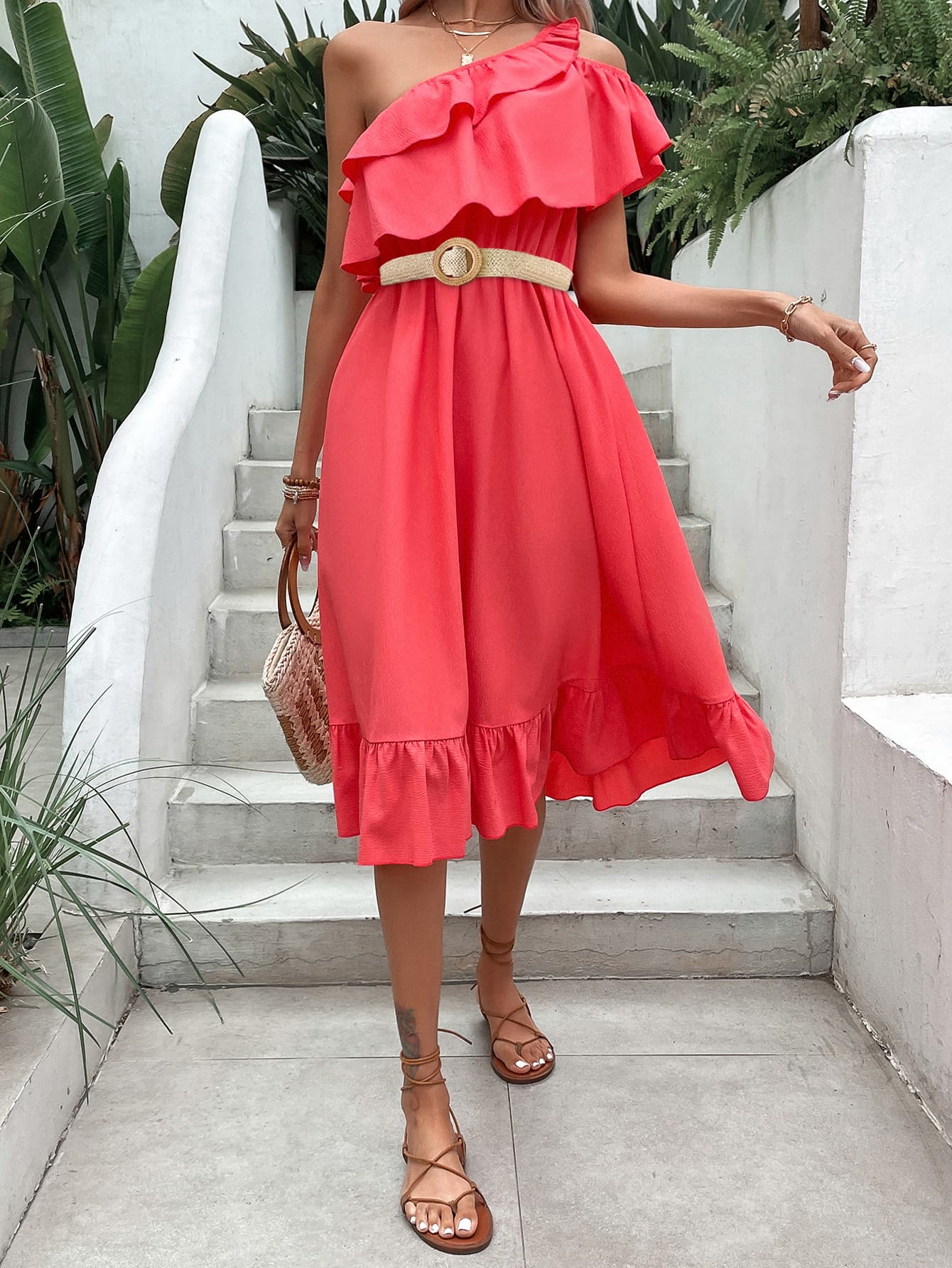 One-Shoulder Ruffle Vacation Dress