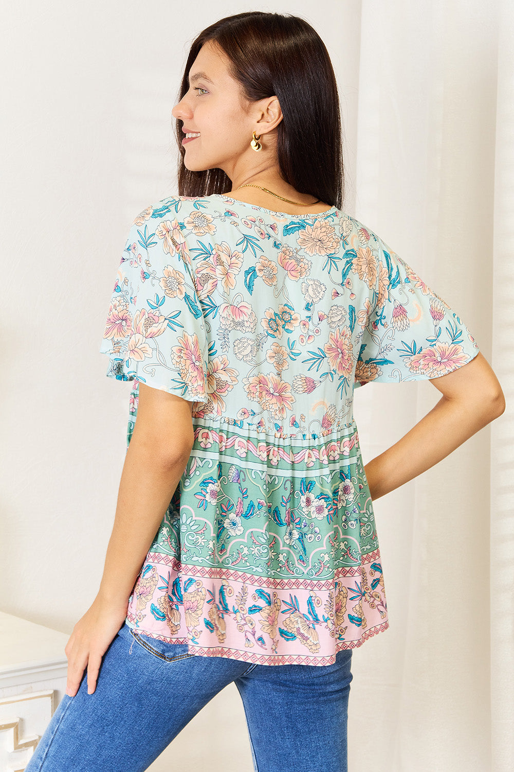 Floral Tie Neck Boho Summer Blouse