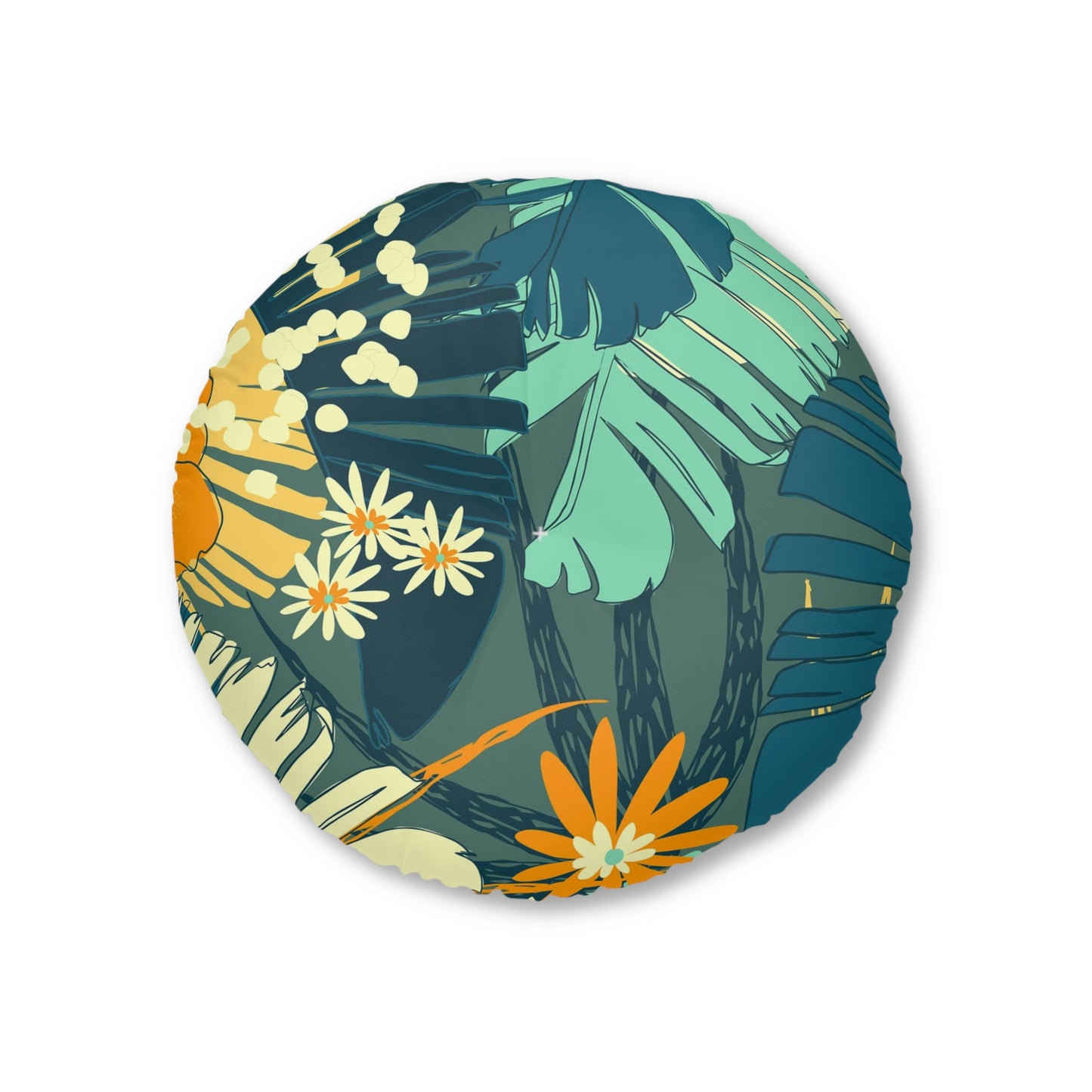 Jungle Blues Collection, Tropical Jungle Print Tufted Floor Pillow, Round
