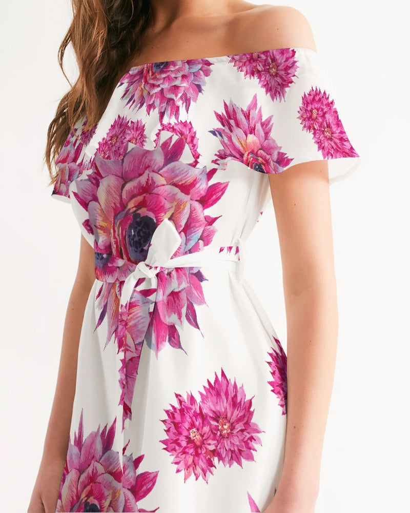 Luxe Pink Flowers Women's Off-Shoulder Dress