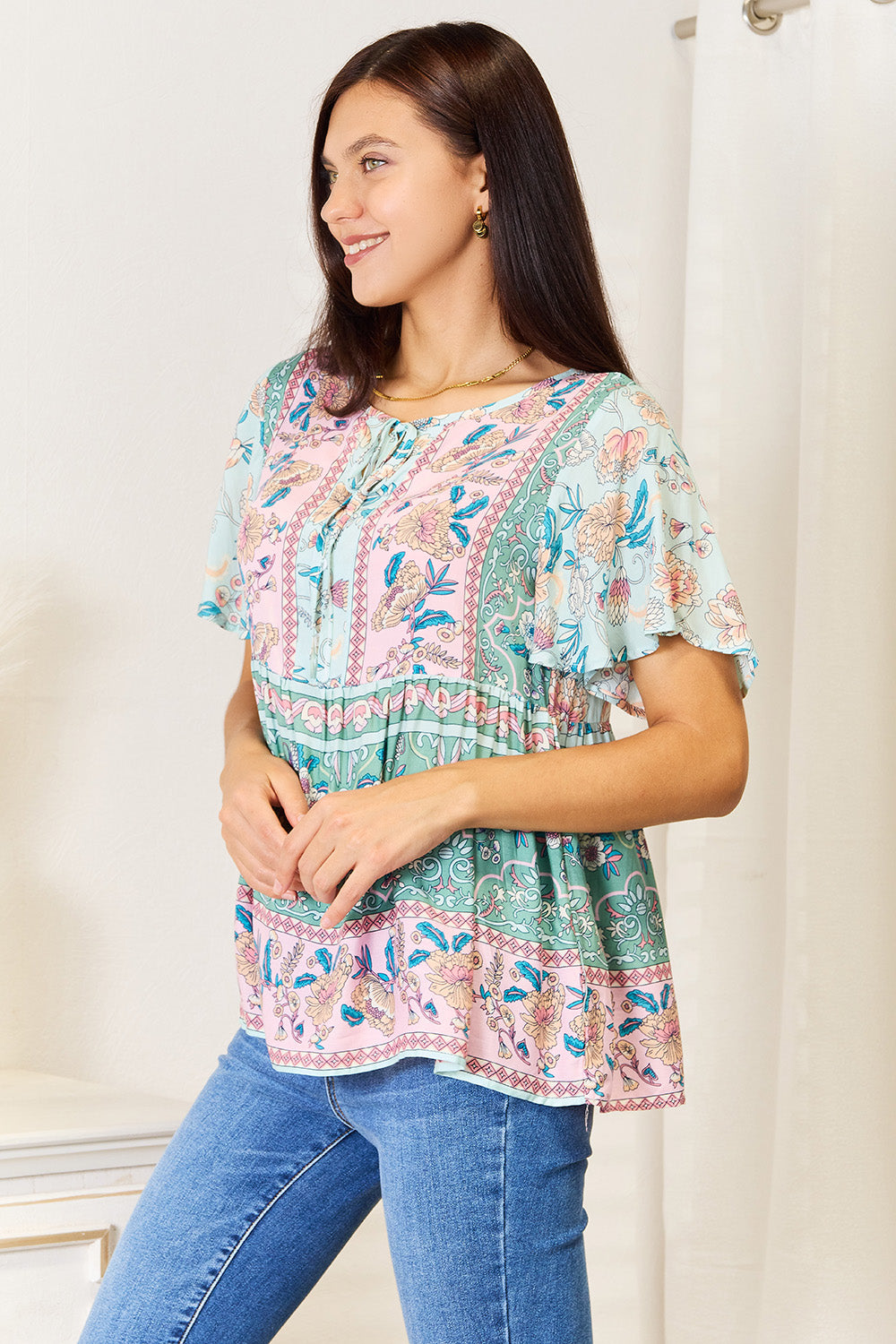 Floral Tie Neck Boho Summer Blouse